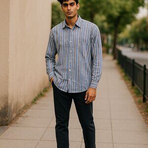 QUIETI SZ XL Men's Button-down Blue Stripe & Paisley 100%Cotton Shirt w/Contrast